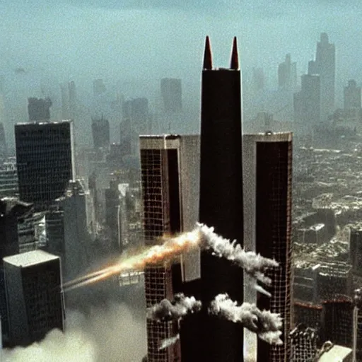 Image similar to nuclear missile destroy the world trace center towers, in american psycho ( 1 9 9 9 )