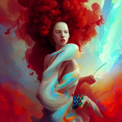 Image similar to a painting of a woman who made of curly red edges silk is holding a sword, a digital painting by peter mohrbacher, trending on artstation, metaphysical painting, speedpainting, made of feathers, digital painting, holographic undertones, highly saturated colors, 4 k, digital art, concept art, trending on artstation