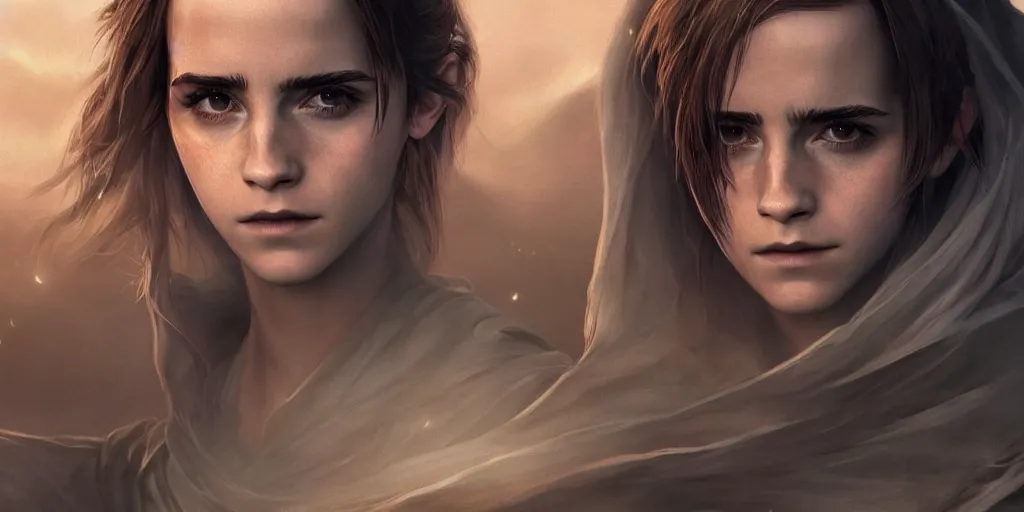 Prompt: a girl from final fantasy live action, movie still of emma watson, dune, evocative, mystical night, sharp focus, very very very very detailed, award winning, masterpiece digital painting by greg rutkowski, alex grey, artstation, 4 k wallpaper