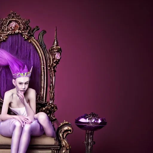 Prompt: A 4k photo of a skinny evil princess woman with purple hair wearing a diamond crown, sitting in a throne in a blackout room. Low light