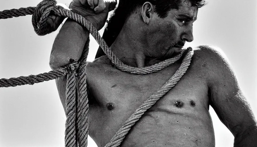 Image similar to 1 9 6 0 s movie still close - up of marcus atilius regulus tied with ropes at pole in direction of the burning sun with blood flowing off his eyes cinestill 8 0 0 t 3 5 mm b & w, high quality, heavy grain, high detail, texture, dramatic light, anamorphic, hyperrealistic, detailed hair