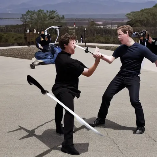 Prompt: mark Zuckerberg sword fighting with Elon musk in robotic samurai armor