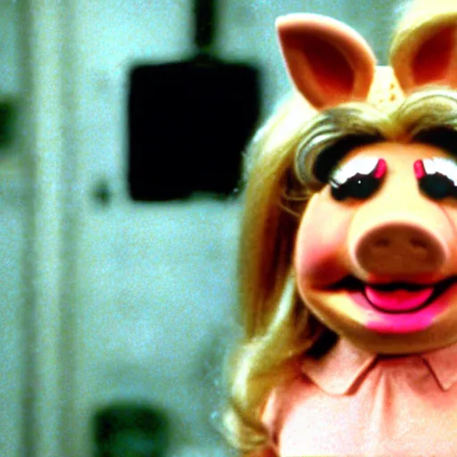 Prompt: movie still of trinity as miss piggy in the matrix 1 9 9 9 movie