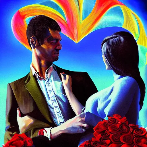 Prompt: surrealism painting of love by gta 5