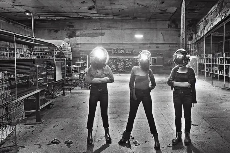 Prompt: girls in welding masks in abandoned supermarket, ominous lighting, by richard avedon, tri - x pan stock