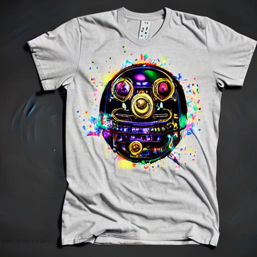 Prompt: mockup of a black tshirt with a hyperdetailed portrait of a happy steampunk robot on lsd, 8 k, symetrical, flourescent colors, happy trippy mood, multicolored,