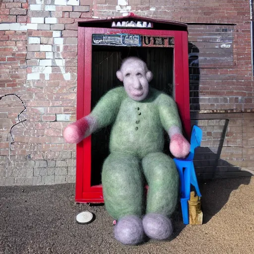 Image similar to photo of a larger than life sized needle - felted 2 0 0 year old wrinkly man covered in warts and skin tags sitting behind a needle felted dumpster in a needle felted alley way with low light and dark shadows