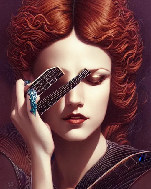 Image similar to Beautiful and playful rock guitarist portrait, art deco, fantasy, intricate art deco leaf designs, elegant, highly detailed, sharp focus, art by Artgerm and Greg Rutkowski and WLOP