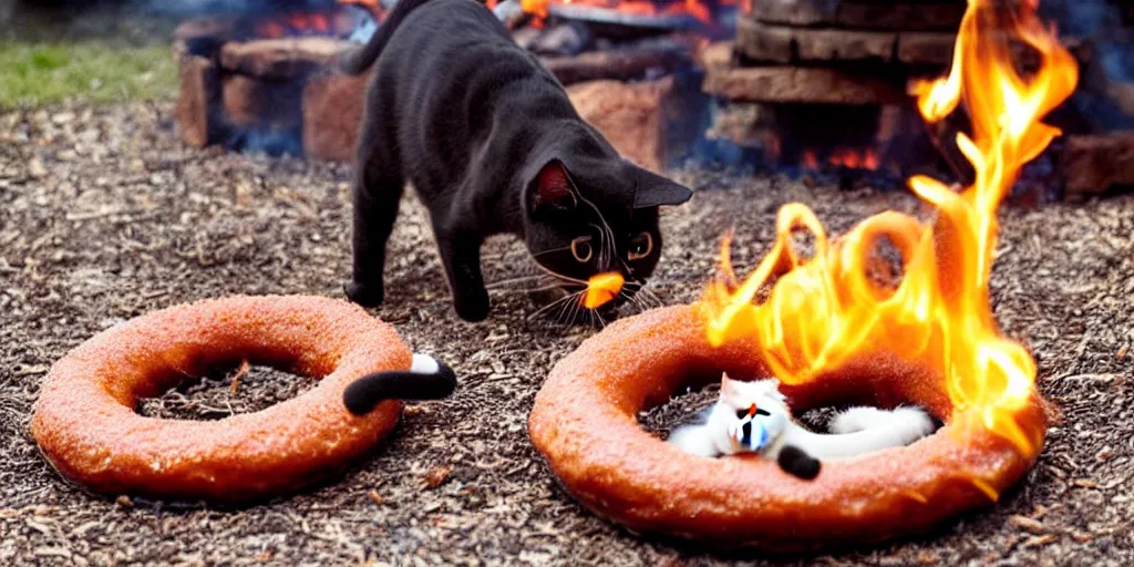 Image similar to a cat cooking a donut in a fire pit in the style of salvador dali