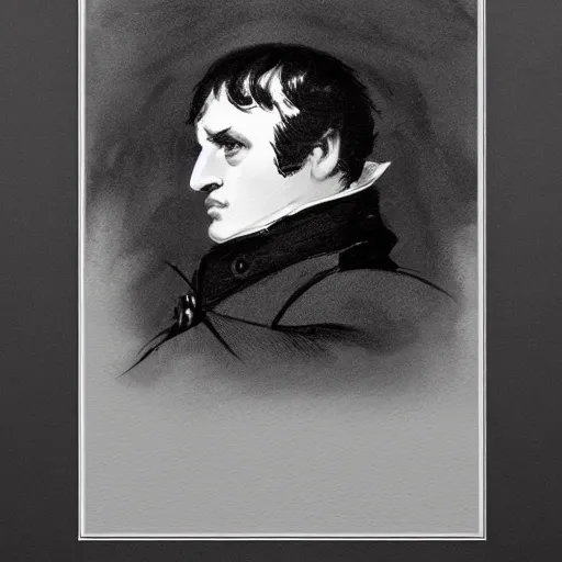 Image similar to faces reference sheet of napoleon bonaparte by ashley wood and j. m. w. turner, speed painting, monochrome