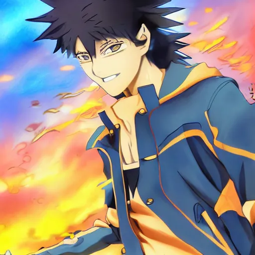 Prompt: 1 7 - year - old orange - gold haired anime boy wearing blue jacket, spiky hair, action pose, subsurface scattering, intricate details, art by toei, art by studio gainax