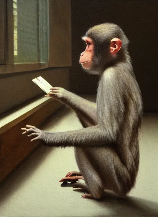 Prompt: medium shot, cinematic, cute realistic oil painted monkey is typing on the vintage keyboard, enhancements, soft lighting, by john ward, by arthur walker, by vermeer, by monet, oil on canvas, royal academy, masterpiece, trending on artstation, cinematic composition, dramatic pose, beautiful lighting, sharp, details, hyper - detailed, hd