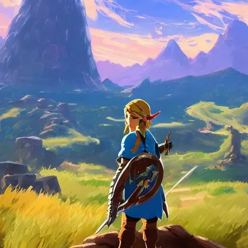 Image similar to oil painting of zelda breath of the wild, mountain in the background. beautiful, rpg, dnd, artstation, artgerm, disney, pixar