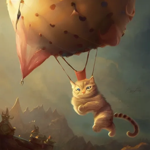 Prompt: a cute cat flying an air balloon , matte fantasy painting, DeviantArt Artstation, by Jason Felix by Steve Argyle by Tyler Jacobson by Peter Mohrbacher