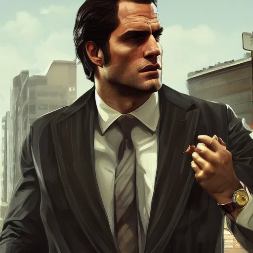 Prompt: Henry Cavill as the Godfather, gta 5 cover style, highly detailed, digital painting, Trending on artstation , HD quality, dramatic light, octane