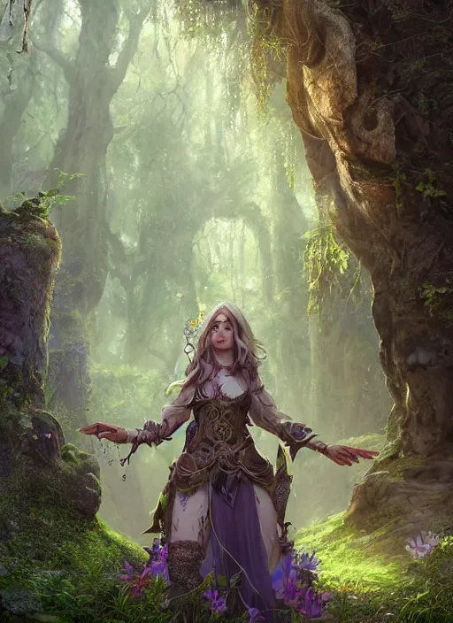 Prompt: Beautiful art portrait of a female fantasy cleric in a mystical fantasy temple surrounded by spring lush forest, atmospheric lighting, intricate detail, cgsociety, hyperrealistic, octane render, RPG portrait, ambient light, dynamic lighting