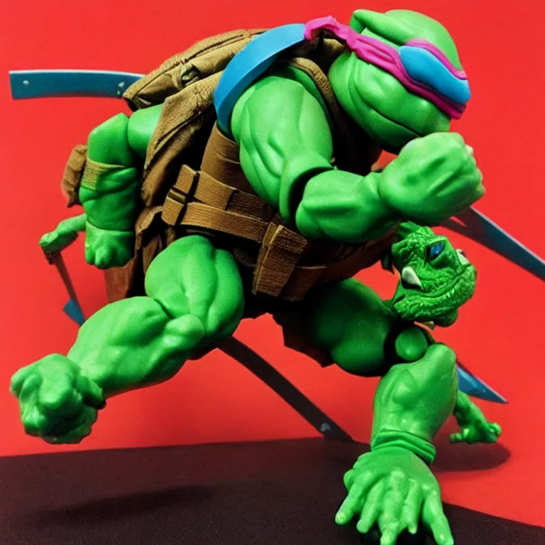 Prompt: leonardo tmnt action figure, 1 9 8 0 s, product shot, plastic toy, new in the package, unopened, mint codition