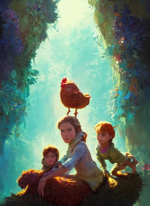 Image similar to a hen and her two children in a colorful movie by nuri iyem, james gurney, james jean, greg rutkowski, anato finnstark. pixar. hyper detailed, 5 0 mm, award winning photography, perfect faces