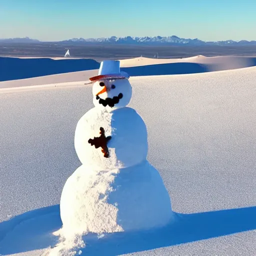 Image similar to there is a snowman made of snow in the desert, he is building a snowman from sand, golden hour, beautiful photography