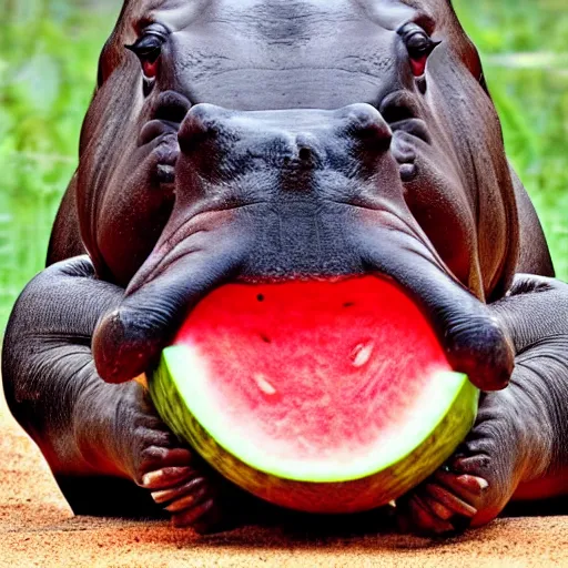 Image similar to enthusiastic hippo eating a watermelon