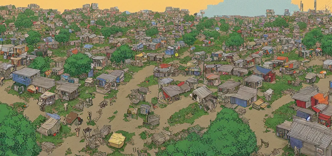 Prompt: a photorealistic digital illustration of a shady shanty town by Studio Ghibli and Herge