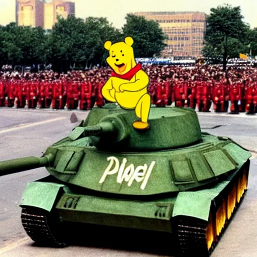 Image similar to Winnie the Pooh. Tank Man. Tiananmen Square, 1989