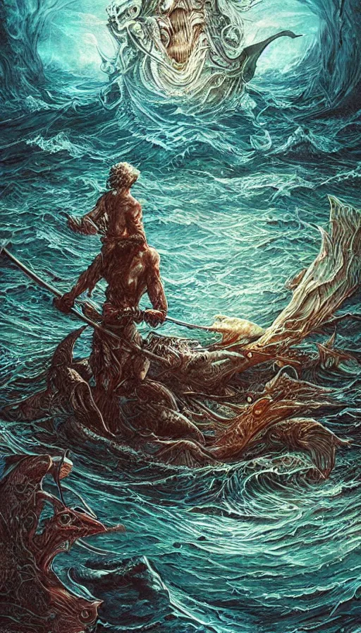 Image similar to man on boat crossing a body of water in hell with creatures in the water, sea of souls, by android jones,