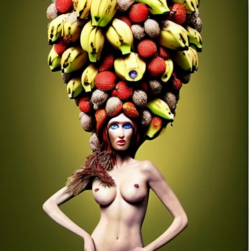 Image similar to banana dryad editorial 2 0 0 mm, megan fox editorial by malczewski and arcimboldo, banana dryad character sculpture by arcimboldo, stil frame from'cloudy with a chance of meatballs 2'( 2 0 1 3 ) of banana dryad, banana hybrid megan fox editorial by alexander mcqueen and arcimboldo