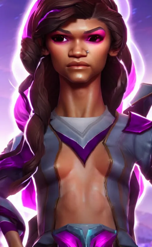 Image similar to Zendaya as a character in the game League of Legends, with a background based on the game League of Legends, detailed face, old 3d graphics