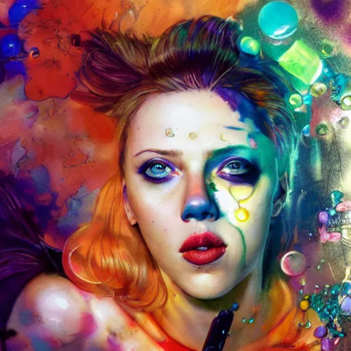 Image similar to drunken scarlett johansson as delirium from sandman, one green eye and one blue eye, hallucinating colorful soap bubbles, by jeremy mann, by sandra chevrier, by dave mckean and richard avedon and maciej kuciara, 1 9 8 0's, punk rock, tank girl, high detailed, 8 k
