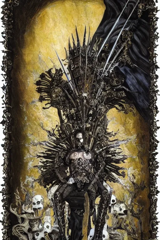 Image similar to The Knight of Bones by Karol Bak, Jean Deville, Gustav Klimt, and Vincent Van Gogh, portrait of a handsome vampire knight in armor, piercing grey eyes, ornate armor covered in thorns, bat wings, ornate dramatic bat wing helmet, mystic eye, otherworldly, skulls, fractal structures, arcane, inscribed runes, infernal relics, ornate gilded medieval icon, third eye, spirals