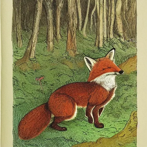 Image similar to candid portrait of clever fox in the forest, night sky, highly detailed, side view, illustrated by peggy fortnum and beatrix potter and sir john tenniel