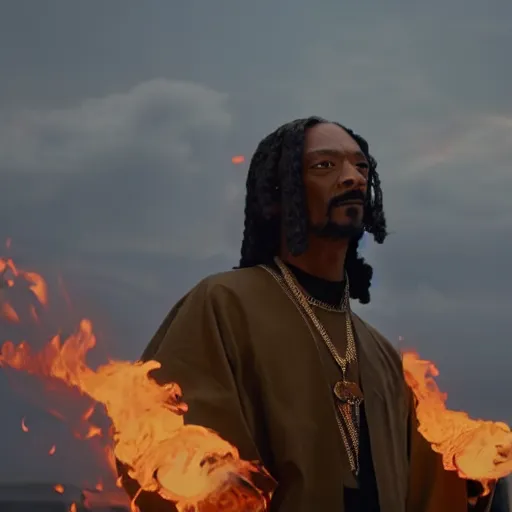 Image similar to cinematic film still of Snoop Dogg starring as a Samurai holding fire, Japanese CGI, VFX, 2022, 40mm lens, shallow depth of field, film photography
