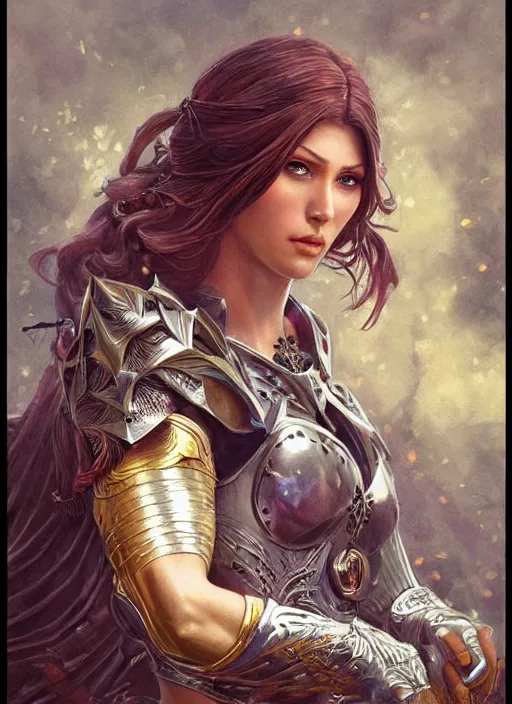 Prompt: Muscular and powerful medieval knight woman portrait, art nouveau, fantasy, intricate flower designs, elegant, highly detailed, sharp focus, art by Artgerm and Greg Rutkowski