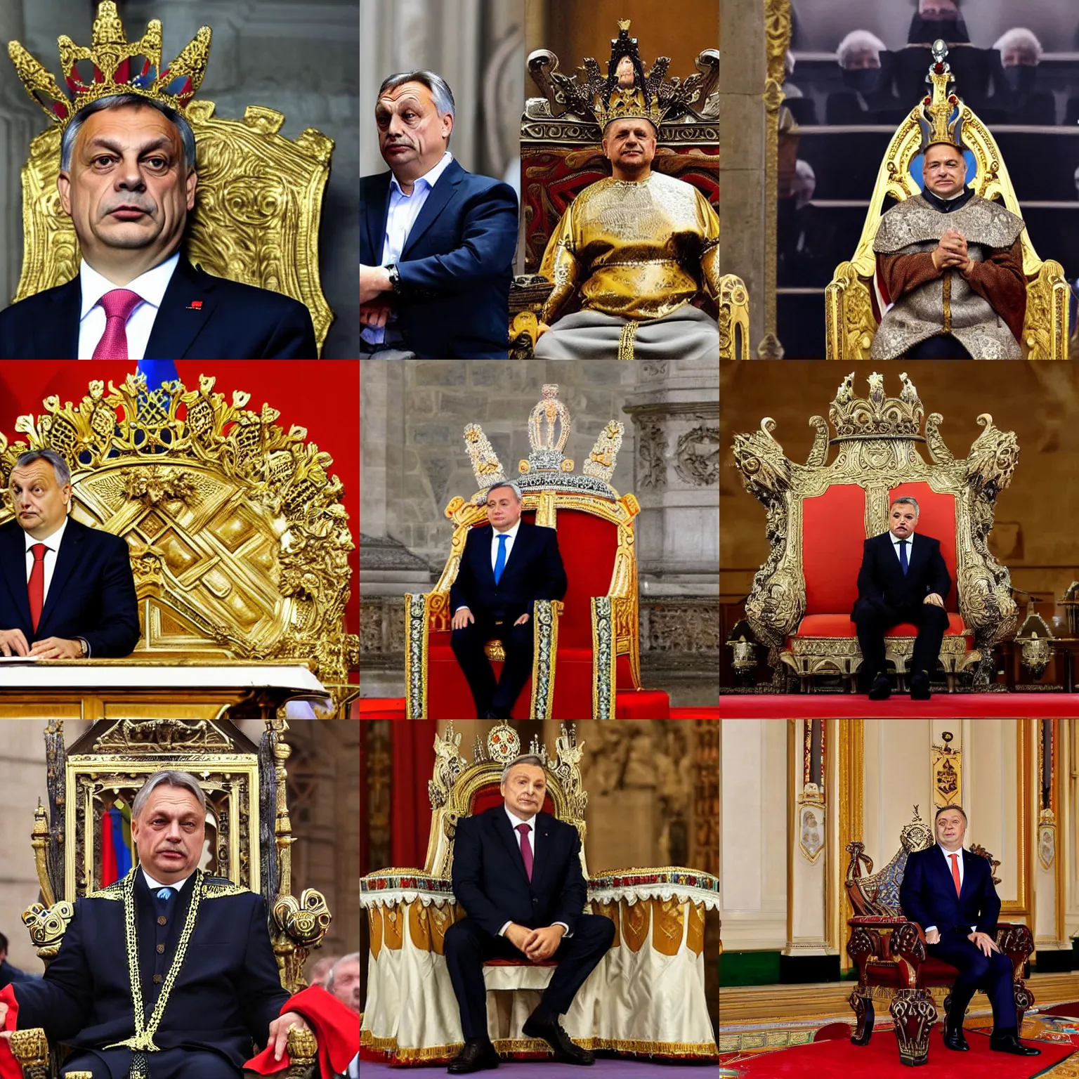 Prompt: Hungarian prime minister Viktor Orban wearing a medieval crown sitting on a throne