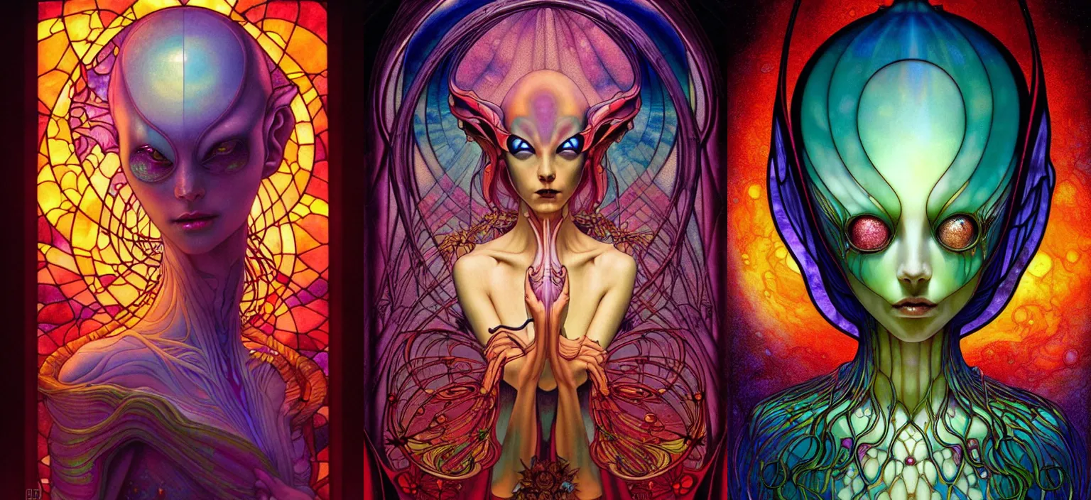 Prompt: fanciful surreal stained glass image of an alien princess by Anna Dittman, Amano, Okata Kazuto, Greg Hildebrandt, and Mark Brooks, Neo-Gothic, rich deep colors. art by Hamada Yoshikazu . masterpiece. Beksinski painting.