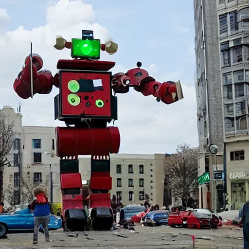 Image similar to giant toy soldier robot destroying a city