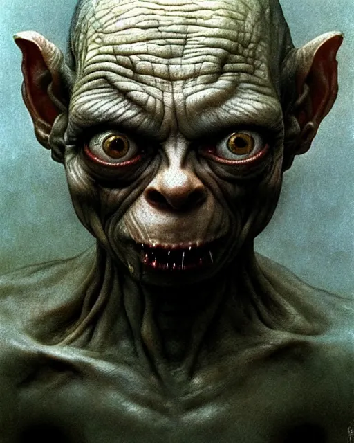 Image similar to gollum smeagol grotesque, ultra detailed, ultra realistic, by beksinski, alejandro jodorowsky, giger, greg rutkowski, carne griffith trending on artstation, deviantart, photorealism