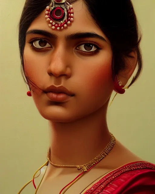 Prompt: a highly realistic, true to life portrait of a young indian woman, sharp focus, by ilya kuvshinov, by wlop, by tom bagshaw, trending on artstation, cinematic lighting, hyper realism, octane render, 8 k, hyper detailed.