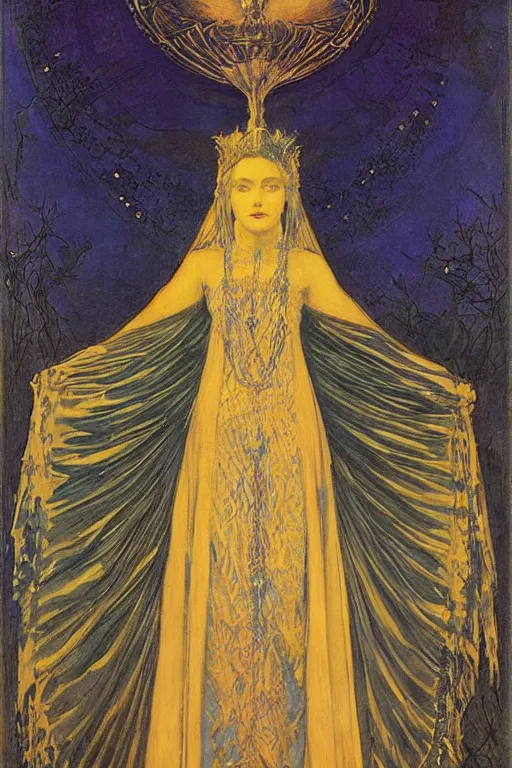 Image similar to queen of the night with her lantern and regalia, by Annie Swynnerton and Nicholas Roerich and jean delville, dramatic cinematic lighting , ornate headdress , flowing robes, lost civilizations, extremely detailed