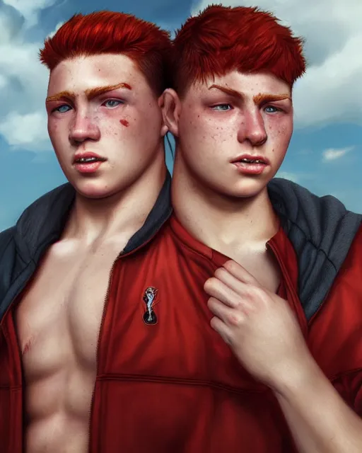 Image similar to portrait of short and stocky, 1 9 - year - old male twins with red hair and freckles, hyper realistic face, beautiful eyes, character art, art by mark brooks, hyperdetailed, cryengine, trending on artstation, digital art