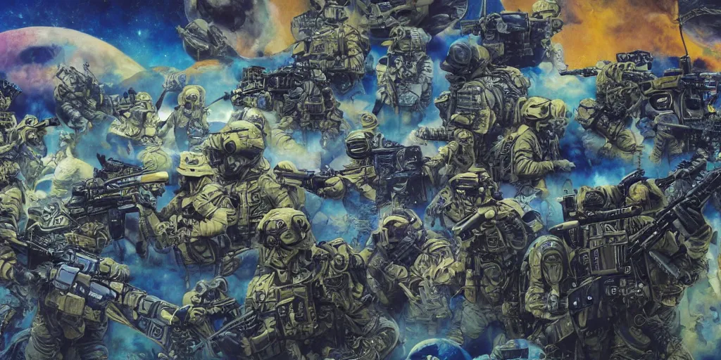 Prompt: photo wide shot military sci fi muppet special forces soldiers,inks,octane render photorealistic, blue,gold,white,black octane render, insanely detailed, realistic, + psychedelic, cosmic energy by Kelly McKernan, yoshitaka Amano, hiroshi yoshida, moebius, loish, artgerm, happy,joyful, painterly, symmetrical and detailed hyperdetailed 8k, moebius,steven wiltshire, , hyper detailed,high contrast,vivid psychedelic colors,, Neon Genesis Evangelion, mathematics and geometry, loony toons, saturated, sun rays + Laurie Greasley + Katsuhiro Otomo, Craig Mullins, 8k, octane render, trending on artstation, hyper detailed,