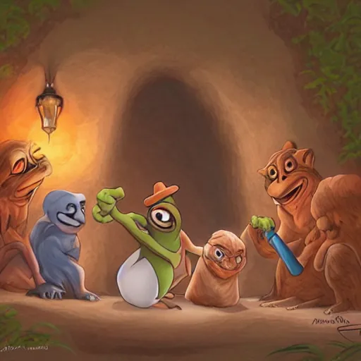 Prompt: a group of pepe digging in a tunnel by torchlight, artwork by Artgerm, Don Bluth