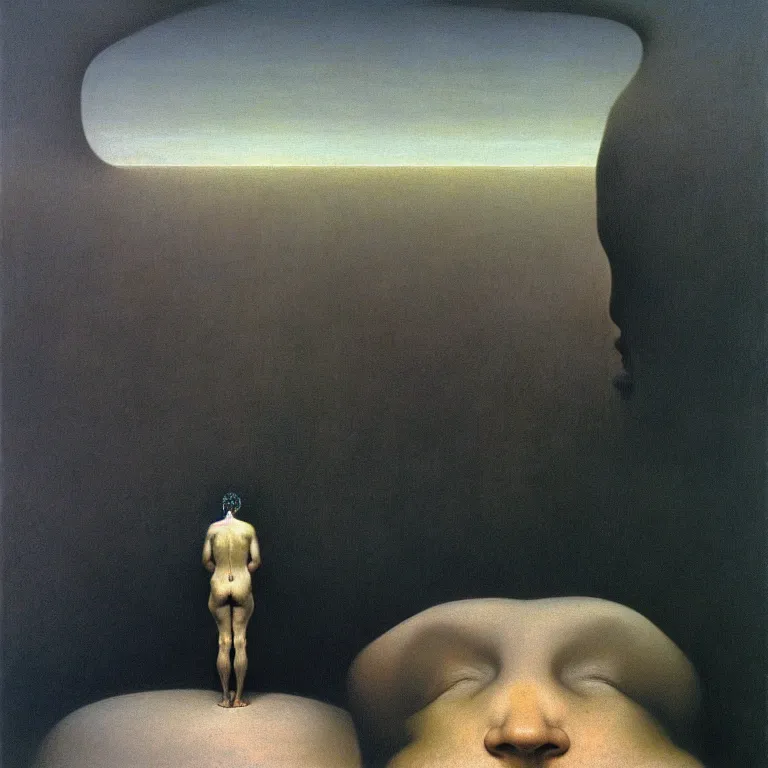Prompt: a man looking at his mind pondering the absurdity of existence, by zdzisław beksinski and salvador dali, surreal, oil on canvas, hyper detailed, soft