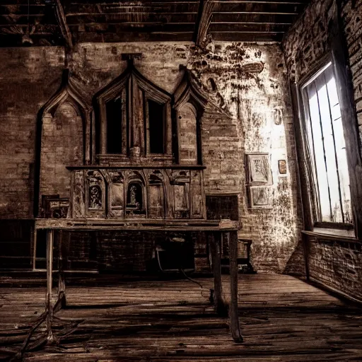 Image similar to picture of a cronenberg - like creature, southern gothic, inside of an old wooden church in louisiana, dark and intricate photograph