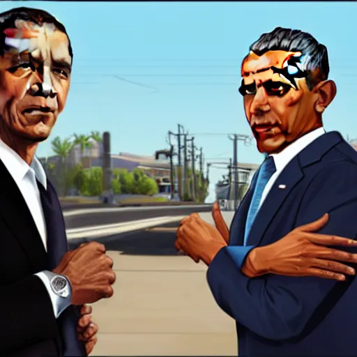 Image similar to Vladimir Putin and Barack Obama in GTA V, Cover art by Stephen Bliss, Boxart, loading screen