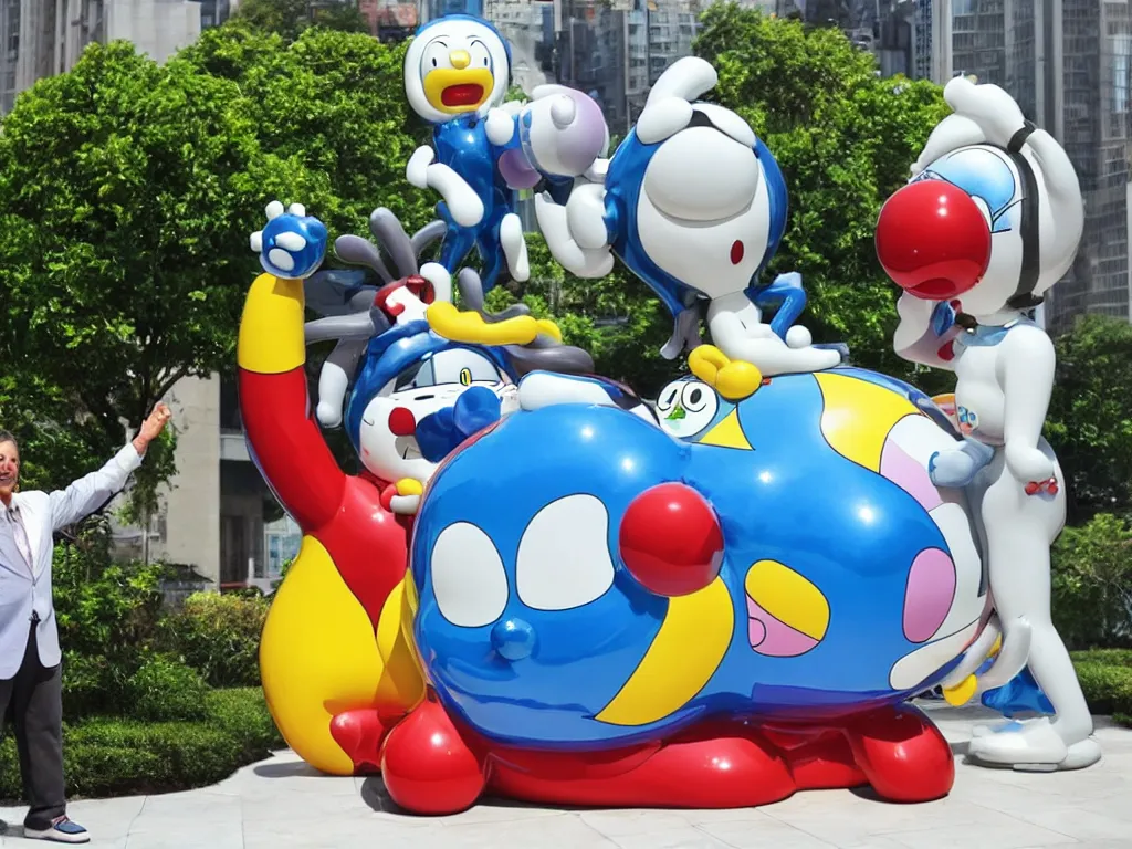 Prompt: Jeff Koon’s Doraemon Dorami Bubbles statue, painted by Botero