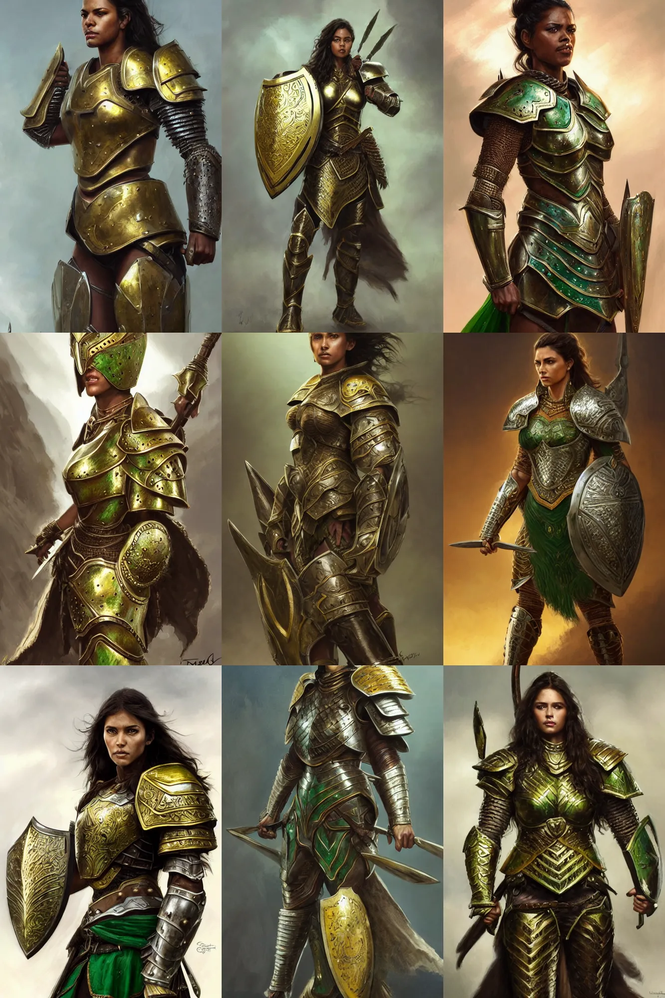 Prompt: full body portrait of a rugged female warrior dark skin medium length brown hair and a very highly detailed face wearing elegant white, green and gold plate mail armor intricately painted, holding a huge shield, very highly detailed, artstation, realistic character concept artgerm, sharp focus, by greg rutkowski, and magali villeneuve