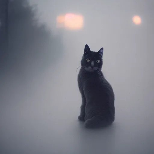 Prompt: cinematic mystical cat, soft fog f 1. 1 2 8 mm