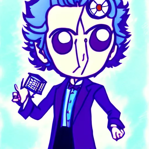 Prompt: peter capaldi, as doctor who, location is inside the TARDIS, anime chibi, by Osamu Tezuka, digital art, trending on pixiv